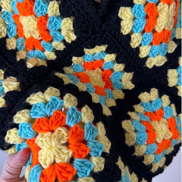 Handmade Granny Square Crochet Shoulder Bag Black Yellow Orange Retro Tote Y2K - Picture 5 of 5